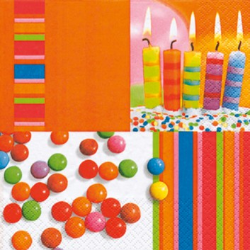  HomeFashion Cocktail-Servietten; 25 x 25 cm; Party: Kerzen und Smarties; bunt; 111140; 3-lagig; 1/4-Falz (quadratisch); Zelltuch 