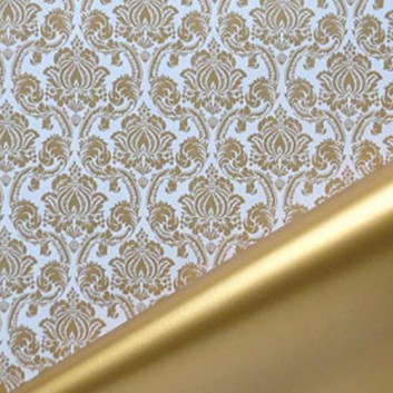  Geschenkpapier; 50 cm / 70 cm x 250 m, Secare-Rolle; Sanssouci: Barocke Ornamente + Uni; gold-weiß - Rückseite: gold; 11893 