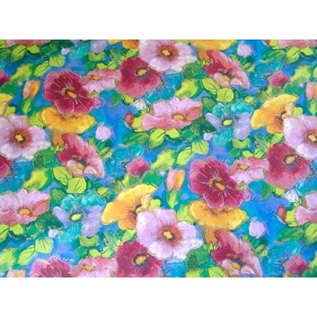  Papier-Stein Geschenkpapier; 70 x 100 cm; Blumen kunterbunt; blau-gelb-grün-rosa-bordeaux; Offsetpapier einseitig bedruckt; Bogen, einmal gelegt 