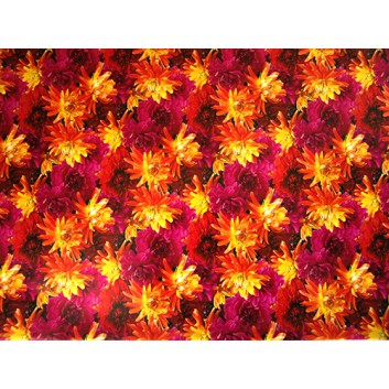  Geschenkpapier; 70 x 100 cm; Blumenmix dreifarbig; gelb-rot-pink; Offsetpapier einseitig bedruckt; Bogen, einmal gelegt 