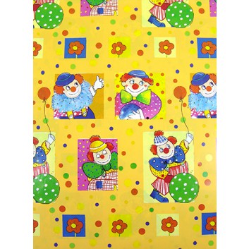  Geschenkpapier; 70 x 100 cm; Kindermotiv: Clown; blau-rot-gelb-grün-pink; Offsetpapier einseitig bedruckt; Bogen, einmal gelegt 