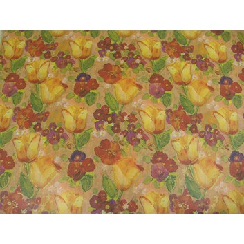  Papier-Stein Geschenkpapier; 70 x 100 cm; Blumenmotive; gelb-rot-grün-orange; Kraftpapier, braun-matt, enggerippt; Bogen einmal gelegt 