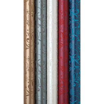  Geschenkpapier; 70 cm x 1,5 m; Glamorous: Blätterstruktur, beflockt; 5 Farben sortiert, Ton-in-Ton; weiß / silber / gold / blau / bordeaux 