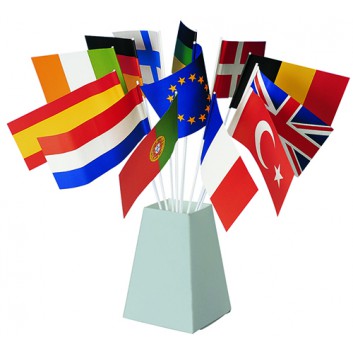  Fahnen mit Ländermotiven; verschiedene Länder / Nationen; verschiedene Farben; 12 x 24 cm inkl. Kleberand; 100 g/m² Papier, weiß-matt gestrichen 