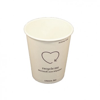  Recycle-me, Becher CTG = Coffee-to-go; 200 ml / 8oz; weiß - Druck: recycle-me, aubergine; Isladuo-Karton (Entsorgung: Papier); - ohne Eichstrich - 