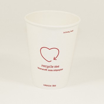  Recycle-me, Becher CTG = Coffee-to-go; 300 ml / 12 oz; weiß - Druck: recycle-me, rot; Isladuo-Karton (Entsorgung: Papier); - ohne Eichstrich - 
