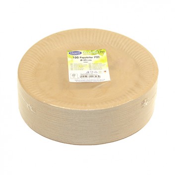  Pappteller, rund - braun +Fettbarriere; 23 cm; braun; Kraftkarton FSC-Mix mit Fettbarriere; Rund; ideal für feuchte Speisen (Steak,Salate) 