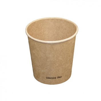  Logisch-Öko: Feinkostdosen, rund; 475 ml; braun + Druck: Logisch Öko; Kraftpapier mit PLA-Beschichtung; Rundbecher [e]green 