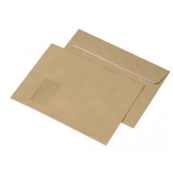  Faltentaschen; 229 x 324 mm (DIN C4); braun; mit Fenster; Haftklebung mit Abdeckstreifen; gerade Klappe; 120 g/qm 