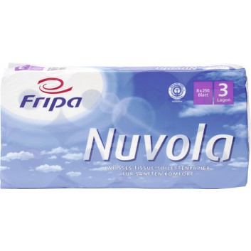  fripa Toilettenpapier, Nuvola; 3-lagig; hochweiß; 250 Blatt; 100 % Recycling; Blauer Engel 