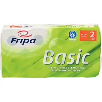  fripa Toilettenpapier, Basic; 2-lagig; weiß; 250 Blatt; 100 % Recycling; Blauer Engel; Pack a 8 Rollen im Polysack 
