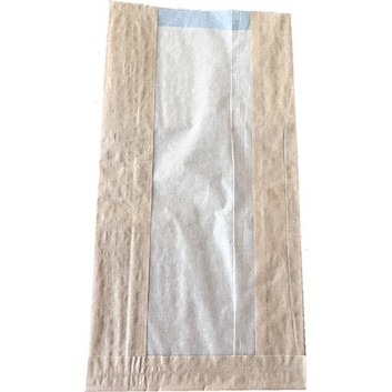  Take-away-Beutel, Faltenbeutel; 16 + 6 x 31 cm; unbedruckt; braun; Kraftpapier 40 g/m²; mit Pergamin-Sichtfenster - 8 cm mittig; z.B. für Semmeln 