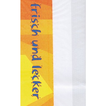 Take-away-Beutel, mit Sichtfenster; div.Formate; mit Text 'frisch & lecker'; blau-orange-gelb; Zellulose weiß + PP genadelt 