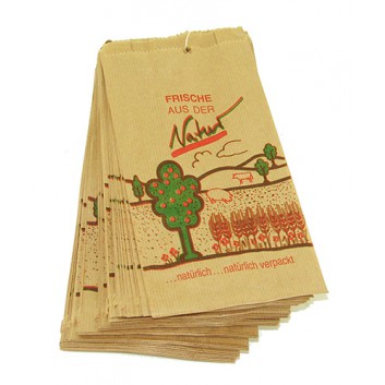  Papier-Faltenbeutel; 12 + 5 x 23 cm; mit Text 'Frische aus der Natur'; 3-farbig bunt auf braun; Kraftpapier braun; gefädelt 