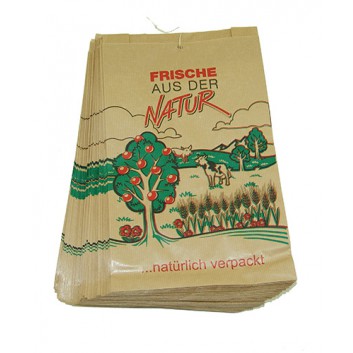  Papier-Faltenbeutel; 20 + 7 x 32 cm; mit Text 'Frische aus der Natur'; 3-farbig bunt auf braun; Kraftpapier braun; gefädelt a 100 Stück 