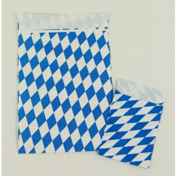  Präsent-Flachbeutel aus Papier; ca. 7 x 9 cm / 13 x 18 cm; Bayerisch Raute; weiß-blau; ca. 20 mm; Offset, glatt; ca. 90 g/qm; mit Klappe 