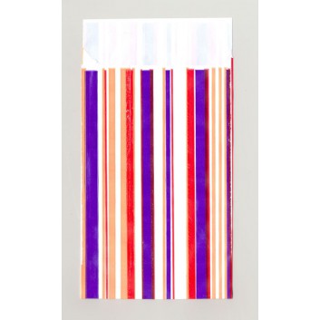  Papier-Stein Präsent-Flachbeutel aus Papier; ca. 9,5 x 14 cm; Streifen; lila-rot-weiß; ca. 20 mm; Offset, glatt; mit Klappe; Breite x Höhe 