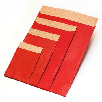  Präsent-Flachbeutel aus Papier; 7 x 9 + 2 cm; uni; dunkelrot; ca. 20 mm; Kraftpapier braun, enggerippt; ca. 60 g/qm; mit Klappe 