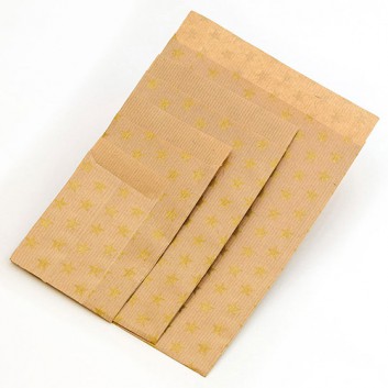  Präsent-Flachbeutel aus Papier; 7 x 9 + 2 cm; Design: Stars, gold; gold auf naturbraun; ca. 20 mm; Kraftpapier braun, enggerippt; ca. 60 g/qm 