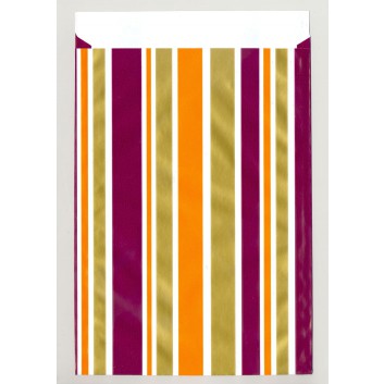  Papier-Stein Präsent-Flachbeutel aus Papier; ca. 13,0 x 18 cm; Streifen; gold-orange-aubergine; ca. 20 mm; Offset, glatt; mit Klappe; Breite x Höhe 