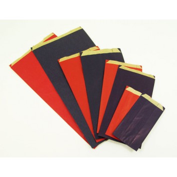  Präsent-Faltenbeutel aus Papier; 8 + 3,5 x 15 cm; uni; rot / blau; ca. 15 mm; braunes Kraftpapier; ca. 60 g/qm; mit Seitenfalte + Klappe 