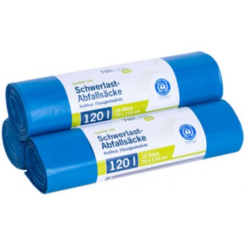  Triline Schwerlast-Müllsack-Blauer Engel; 120 Liter; blau; 100% recyceltes LDPE; 70 my (Q:100); 70 x 110 cm; Breite x Höhe; Rolle a 15 Säcke 