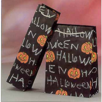  1er Flaschentragetasche; 9 + 7 x 36 cm; 1 Flasche Wein; Halloween-Kürbisse; schwarz-orange; mit Kordel; Papier 