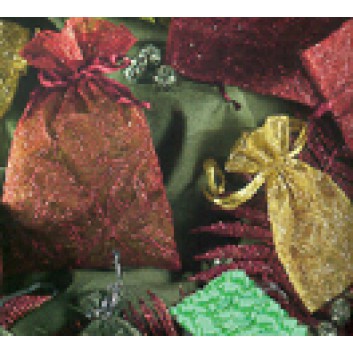  Schmuck-Beutel mit Zugband; 8,5 x 10 cm; uni; bordaux / gold / grün; mit Zugband zum Verschließen; Organza mit Glitter; Breite x Höhe 