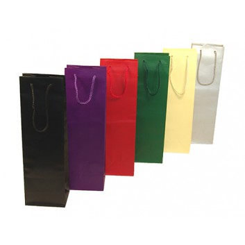 1er Sekt-Flaschentragetasche mit Kordel; 12 + 9 x 39 cm; für 1 Sektflasche; uni matt; viele Farben; eingeknüpfter Kordel; Lackpapier 