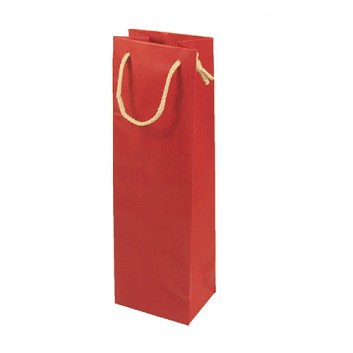  1er Sekt-Flaschentragetasche mit Kordel; 12 + 9 x 39 cm; für 1 Sektflasche; uni matt; rot; eingeknüpfter Kordel; Kraftpapier, matt; 157 g/m² 