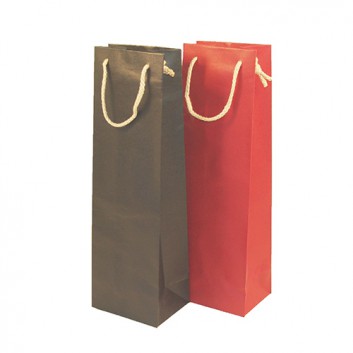  1er Sekt-Flaschentragetasche mit Kordel; 12 + 9 x 39 cm; für 1 Sektflasche; uni matt; rot / schwarz; eingeknüpfter Kordel; Kraftpapier, matt 