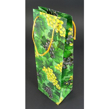  1er Sekt-Flaschentragetasche mit Kordel; 12 + 8,0 x 36 cm; für 1 Sektflasche; Weinlaub; grün; mit Kordel in orange; Papier, glatt 