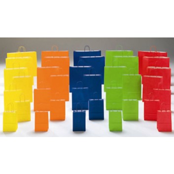  Papier-Tragetaschen mit Papierkordel; 25 + 11 x 24 cm; uni; viele Farben; Grifffarbe variiert; Kraftpapier enggerippt weiß; ca. 100 g/qm 
