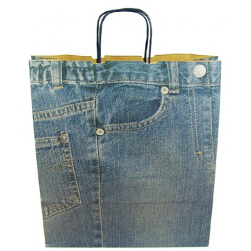  Papier-Stein Papier-Tragetaschen mit Papierkordel; 36 + 12 x 41 cm; Jeans; blau; gedrehte Papierkordel in schwarz; Kraftpapier braun 