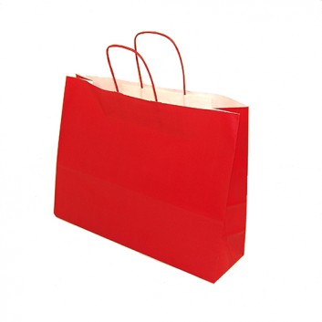  Papier-Tragetaschen mit Papierkordel; ca. 40 + 12 x 31 cm (Querformat); uni; rot; Griff in Taschenfarbe; Kraftpapier weiß, glatt; ca. 100 g/qm 
