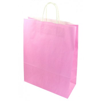  Papier-Tragetaschen mit Papierkordel; 32 + 14 x 42 cm; uni; rosa; gedrehte Papierkordel in weiß; Kraftpapier glatt weiß; Breite + Bodenfalte x Höhe 