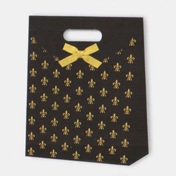  Exklusiv-Tragetasche, mit Griffloch; 17,8 + 9,8 x 22,9 cm; Bourbonenlilie; gold auf schwarz; stabiler Karton mit Griffloch +Schleife 