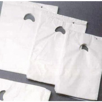  Plastik-Tragetaschen, geblockt - weiß; 2 Formate; unbedruckt; weiß; HDPE oder Mischfolie; mit Griffloch, geblockt= auf Abrißleiste; Breite x Höhe 