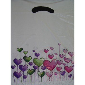  Plastik-Tragetaschen; 25 x 35 cm / 37 + 8 x 44 cm; Herzen; lila-grün-pink auf weiß; ca. 15 / 45 my; HDPE / LDPE 