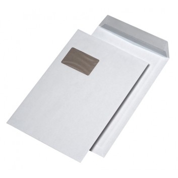 Papprückwandtaschen; 229 x 324 mm (DIN C4); weiß; mit Fenster; Haftklebung mit Abdeckstreifen; gerade Klappe; 120 g/qm; mit stabiler Papprückwand 