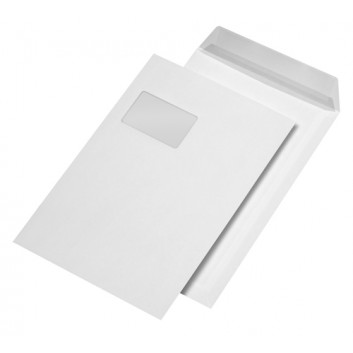  Versandtaschen; 229 x 324 mm (DIN C4); weiß; mit Fenster; Haftklebung mit Abdeckstreifen; gerade Klappe; 90 g/qm; mit Innendruck 
