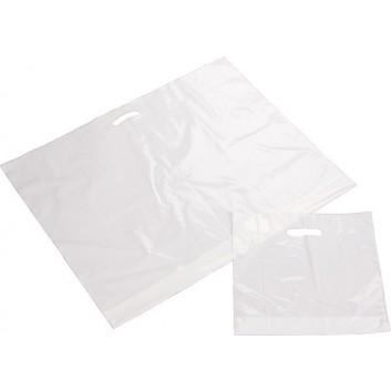  Plastik-Tragetaschen; 55 + 10 x 60 cm; unbedruckt; weiß; ca. 51 my; COEX; mit verstärktem Griffloch; Breite + Bodenfalte x Höhe 