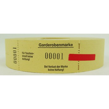  Garderobenmarken-Rolle mit Loch; Gardarobennummern; gelb / rot / grün; 500 Abrisse; 57 x 30 mm; perforiert 