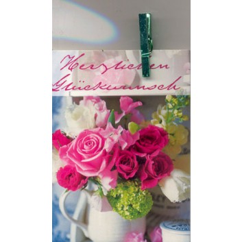  Skorpion Minikarte, mit Klämmerchen; 55 x75 mm; Zum Geburtstag; rosa Rosen in weißer Vase; ohne Kuvert; Hochformat; 41sk1641 
