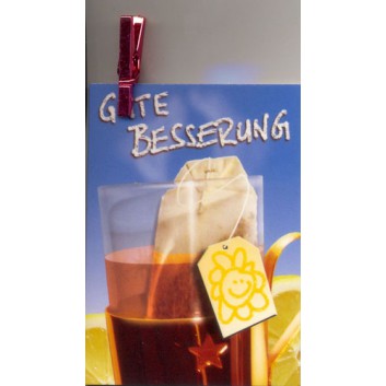  Skorpion Minikarte, mit Klämmerchen; 55 x75 mm; Gute Besserung; Teetasse mit Beutel; ohne Kuvert; Hochformat; 42sk1102 