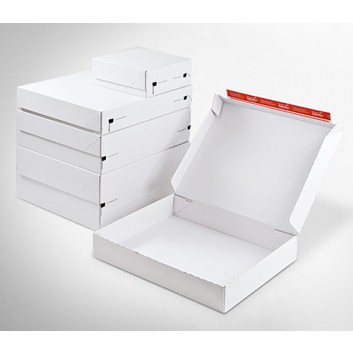  ColomPac Klapp-Box, 1-teilig; weiß-weiß; 445 x 379 x 195 mm; 455 x 390 x 200 mm; Microwellpappe (E-Welle); Selbstklebeverschluß mit Aufreißband 