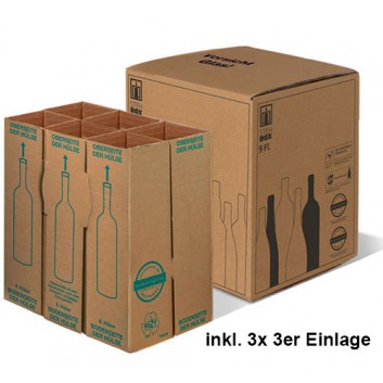  9er PTZ Flaschen-Versandkarton; für 9 Flaschen; ca. 34,1 x 31,4 x 38 cm (innen); braun; Standardaufdruck; 0,75l Wein-/Sektflaschen bis 9 x 37 cm 