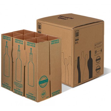  9er PTZ Flaschen-Versandkarton; für 9 Flaschen; ca. 34,1 x 31,4 x 38 cm (innen); braun; Standardaufdruck; 0,75l Wein-/Sektflaschen bis 9 x 37 cm 