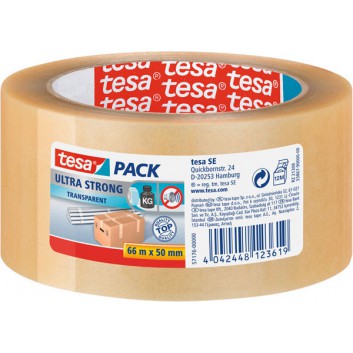  tesa Packband - Ultra Strong, Premium; 50 mm x 66 m; transparent; feste PVC-Qualität, Naturkautschukkleber; stark klebend,reißfest; Breite x Länge 