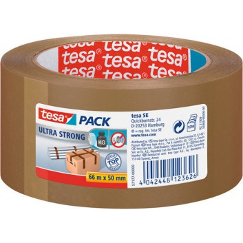  tesa Packband - Ultra Strong, Premium; 50 mm x 66 m; braun; feste PVC-Qualität, Naturkautschukkleber; stark klebend, reißfest; Breite x Länge 